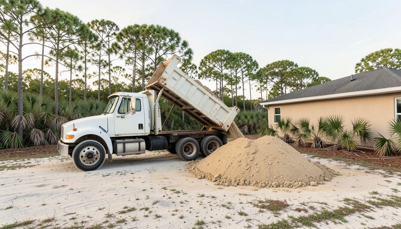 Dump truck tipping fill dirt onto a residential lot