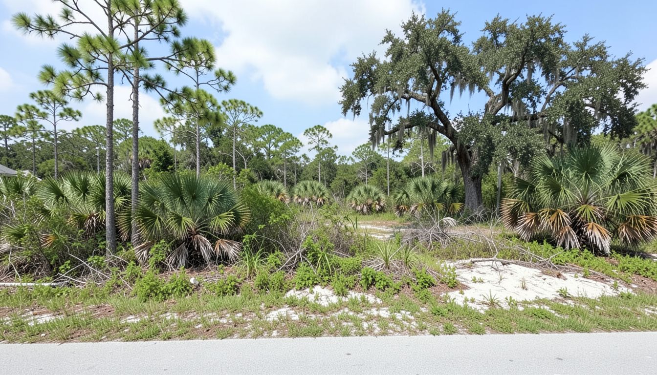 Overgrown Florida lot with palmetto and slash pines before clearing