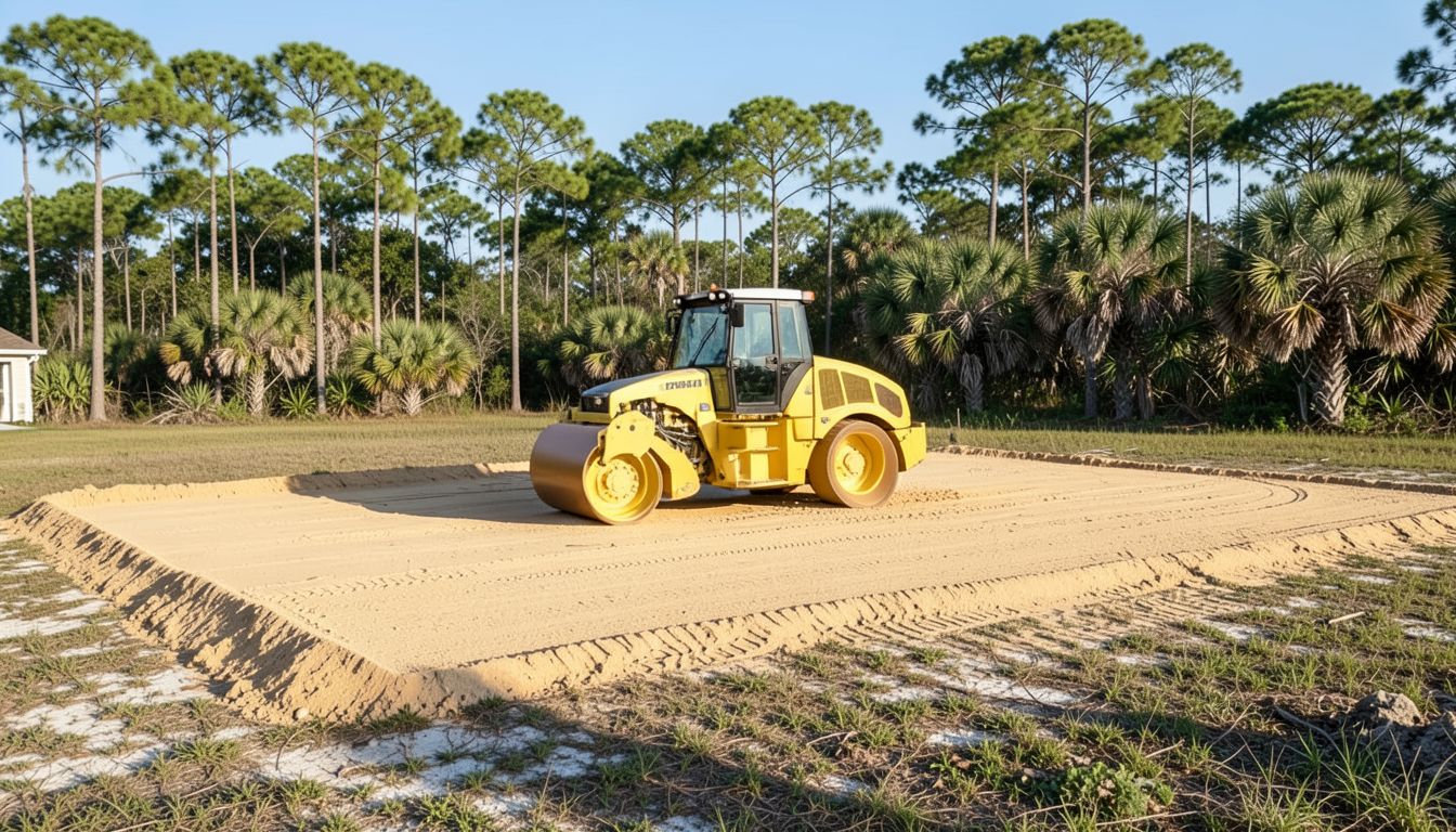Smooth-drum roller compacting a sand building pad
