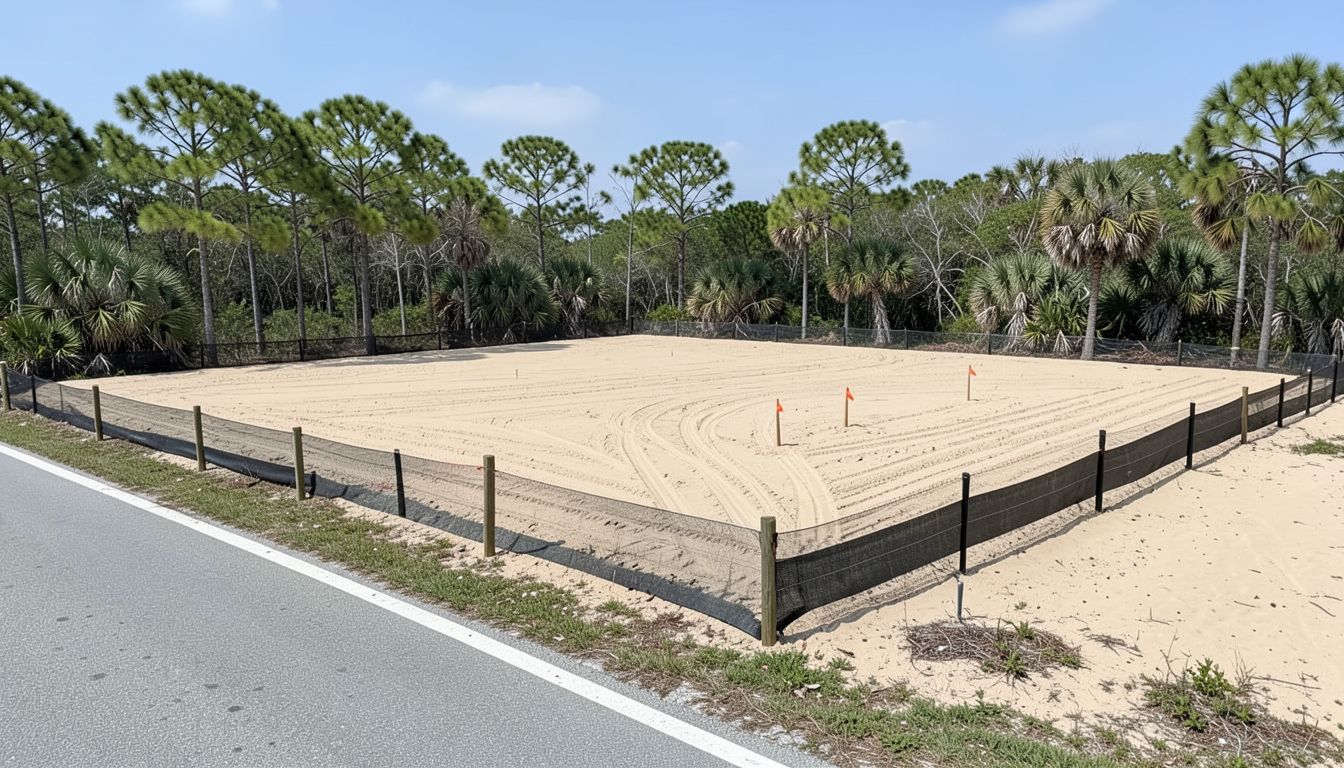 Cleared lot with silt fence and survey stakes, ready for a slab